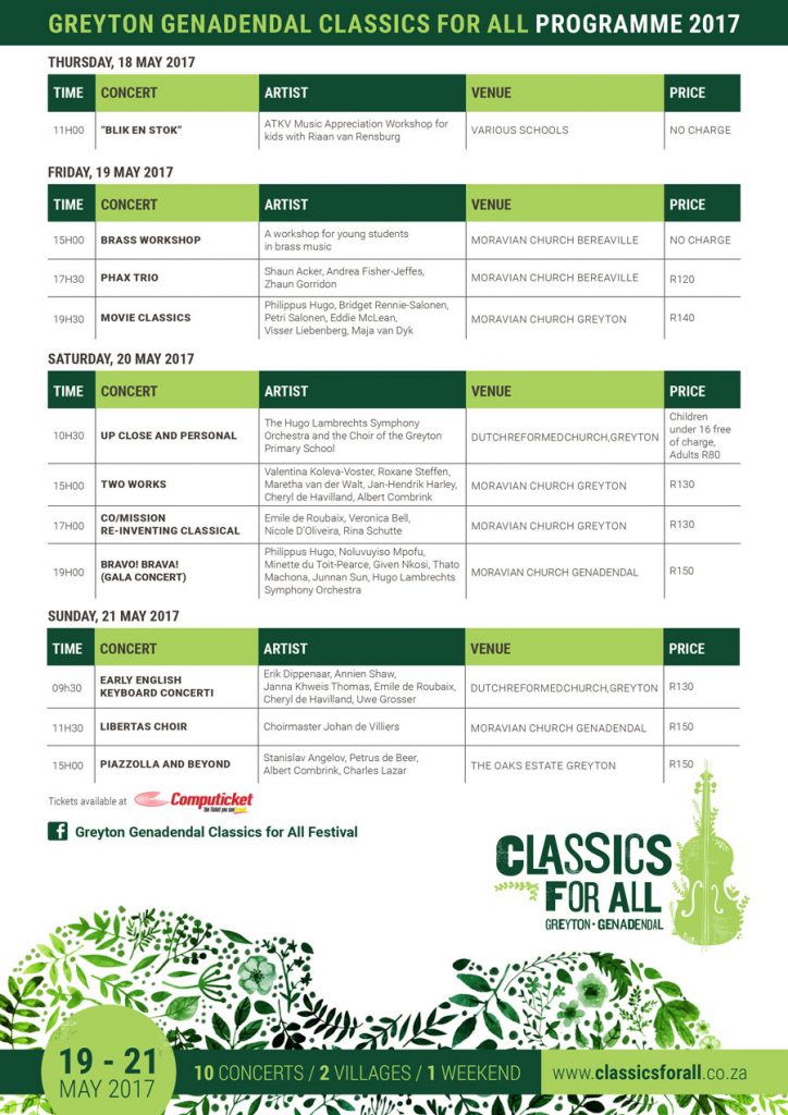 Greyton Genadendal Classics for All Festival 2017 program