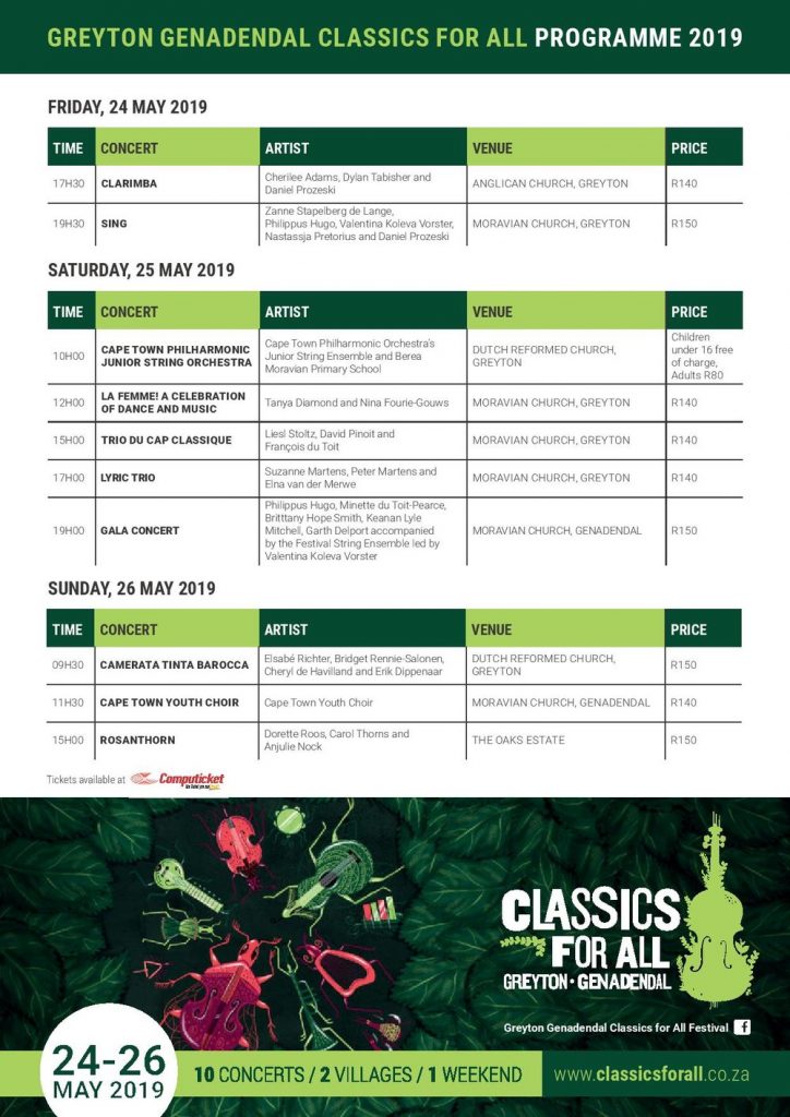 Greyton Genadendal Classics for All Festival 2019 program